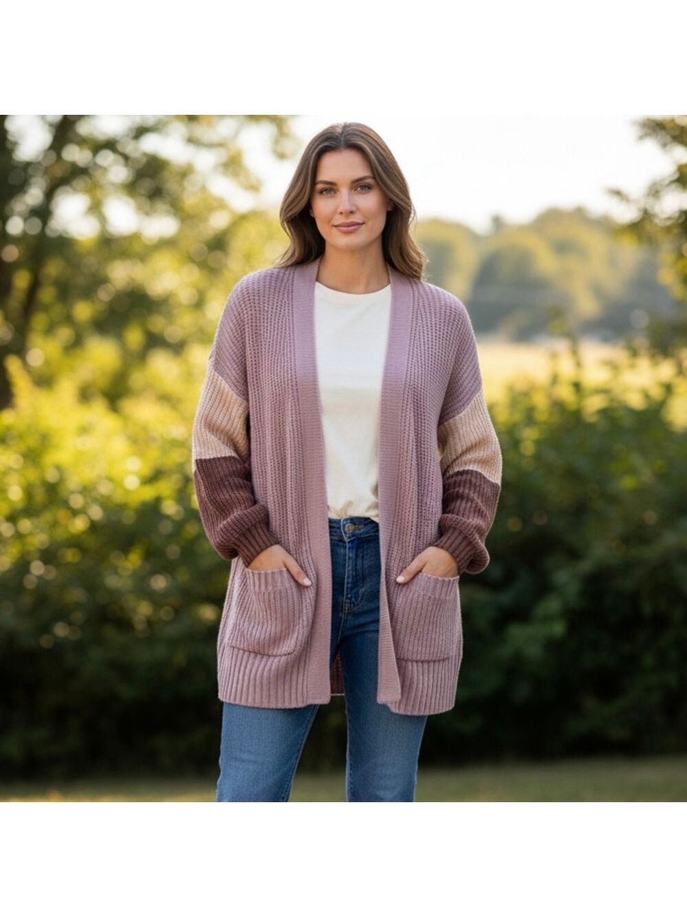 Sienna Sky Oversized Tricolor Cardigan Women’s Size M Open Front Shades Of Pink